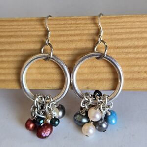 Freshwater Pearl Cluster Earrings 925 Sterling Hooks Mixed Metal Hoop Dangle EUC